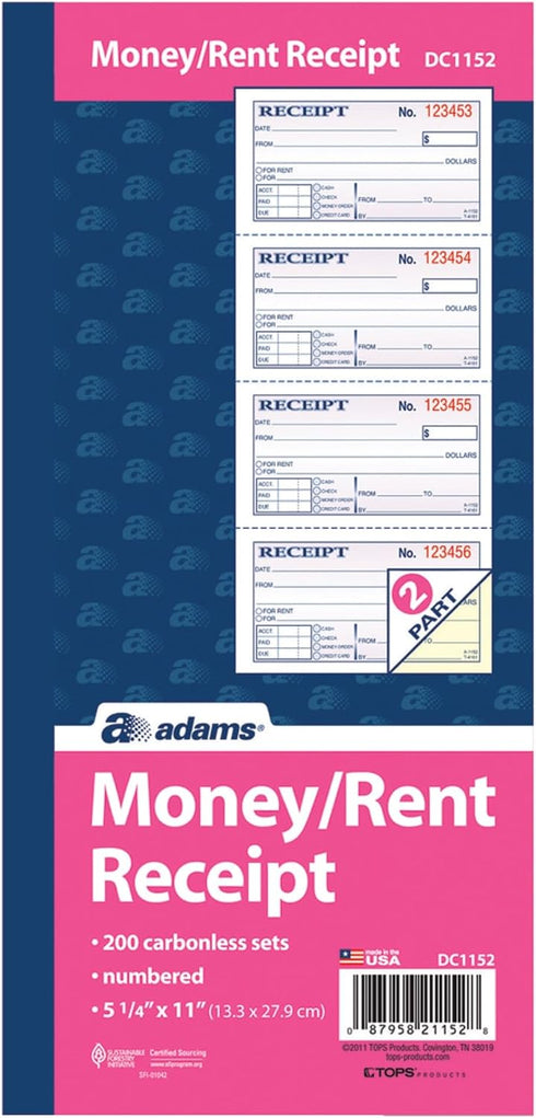 Sigg 5.25 11 Inches, 2-Parts, 4 Sets 200 Sets (DC1152) Adams Money and Rent Receipt, Carbonless, x White and Canary