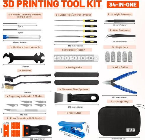 Rhevosil 50pcs 3D Nozzle Printer Tool Kit & Accessories Cleaning Tools, Scrapers, Files, Wire Cutter, Craft Knife, Tube