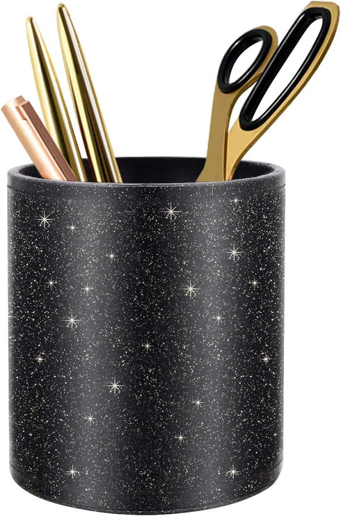 WAVEYU Pen Holder for Desk, Luxury Glitter Pencil Cup for School Office, Leather Desk Organizer for Students (Black)