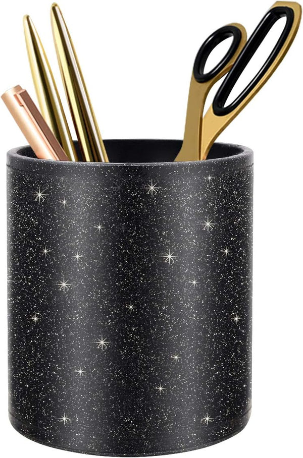 WAVEYU Pen Holder for Desk, Luxury Glitter Pencil Cup for School Office, Leather Desk Organizer for Students (Black)