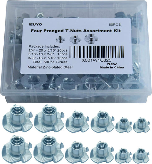 T-Nut 1/4" 5/16" 3/8" Zinc Plated Steel 4-Prong Heavy Duty Tee Nut for Wood, Cabinetry, Rock Climbing Holds, 50Pcs Kit