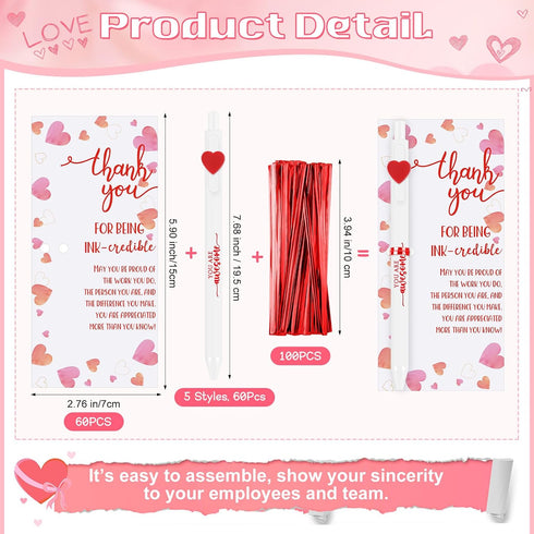 60 Sets Jetec Valentine's Day Pens Bulk Heart Employee Appreciation Gifts Inspirational Ballpoint Pens and Funny