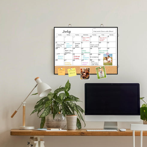 Dry Erase Calendar for Wall - 16"X12" Double-Sided Whiteboard Cork Board Combo, Small Hanging Magnetic Monthly Calendar