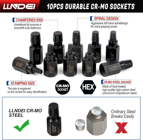 LLNDEI 10 Pieces Screw Extractor Set, Hex Head Easy Out Bolt Extractor, Multi-Spline Ez Out Stripped Fastener Tool
