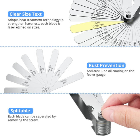 CAMWAY 2Pcs Feeler Gauge Set, Stainless Steel Metric/Inch 32 Straight Blade Steel Feeler Gauge for Measuring Gap Width