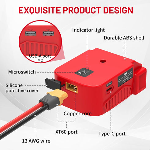 Multi-Functional USB Charger Adapter & Upgrade Power Wheels Battery Adapter for Milwaukee 18V Battery, with 2 USB Ports&1 Type-C Fast Charging Ports, with DC XT60 Port for Power Wheels(1-Pack)