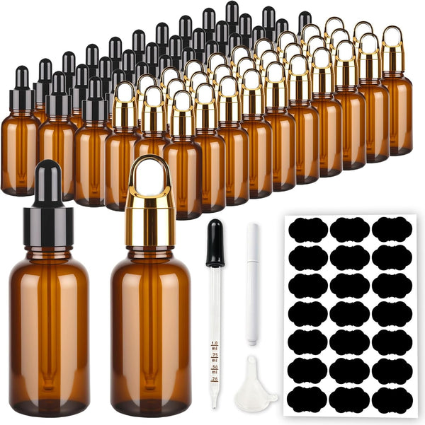 KOUWICH 60 Pack 1oz Dropper Bottle Amber Glass Dropper Leakproof with Funnels, Eye