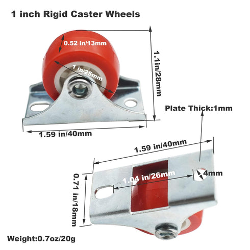 1 inch Rigid No-Swivel Plate Casters Small Rubber Wheels for Furniture and Workbench 6 Packs(Free Screws), Red (PVC)