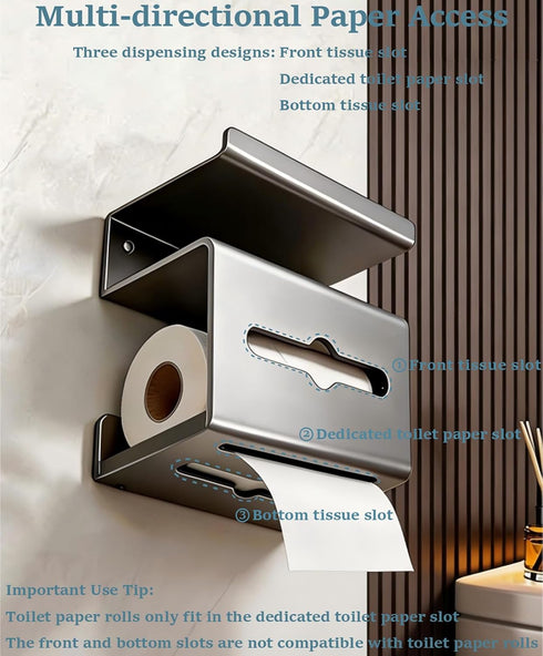 Ovatheria 3-Tier Dark Gray Multi-Tier Toilet Paper Holder with Shelves, Self-Adhesive Tissue Roll Holder with Cell
