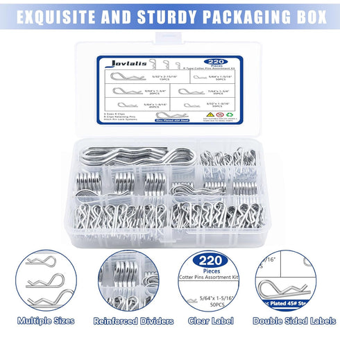 Cotter Pins, 220PCS R Clips Heavy Duty Zinc Plated Spring Fastener Assortment Kit for Hitch, Lawn Mower