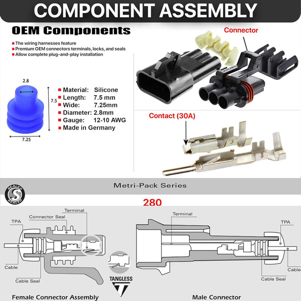 2-Pack, (3-Way) Conductors.Pin, 30 Amp Metri-Pack Waterproof Connector Terminals and Seals wire gauge size 12-10 GA