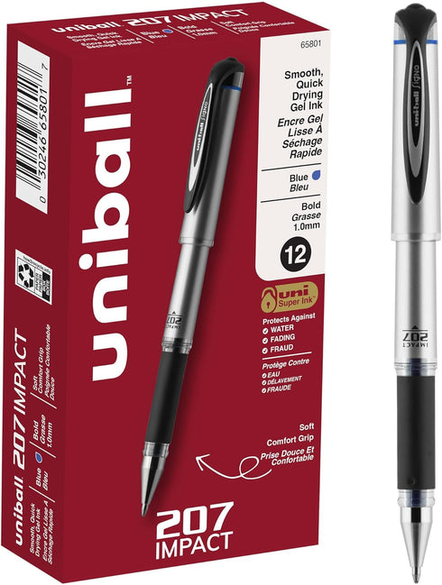 Uniball 207 Impact Gel Pens, Pack of 12, 1.0mm Bold Point Pens