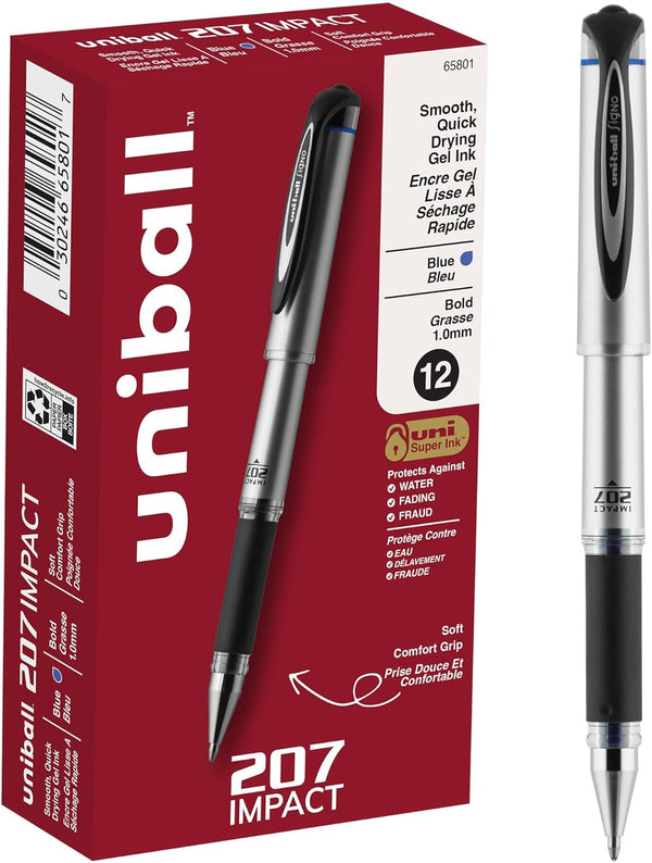 Uniball 207 Impact Gel Pens, Pack of 12, 1.0mm Bold Point Pens