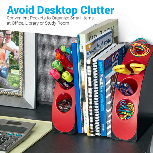 AdirOffice Smart Quarter Bookends & Office Desk Organizer - Heavy Duty Plastic w/Non Skid Bottom - Includes Storage