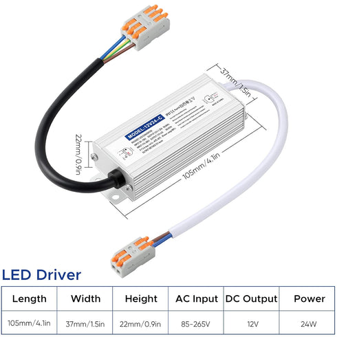 Waterproof IP67 LED Driver Power Supply 12V 24W 2A, 110V AC to 12V DC Converter for Indoor and Outdoor LED Lighting
