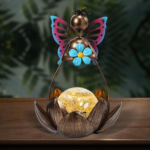 Afirst Solar Lights Outdoor, Solar Fairy Lotus Lamp Garden Decor Metal Crackle Glass Decorative Ball Waterproof