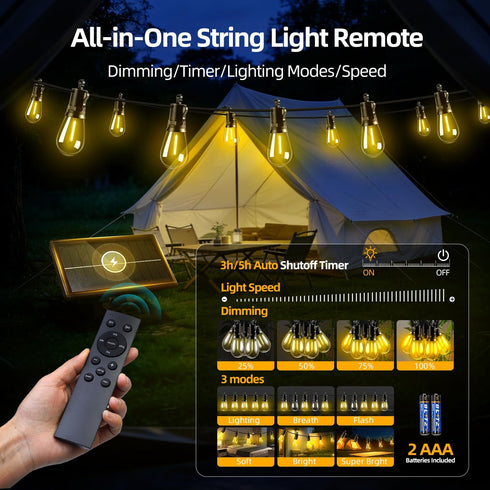 FUANXIEI S14 15M 50FT 3 Dimmable Bulbs Solar Lights Outdoor Patio Lights: Solar Powered Remote Control Light Modes