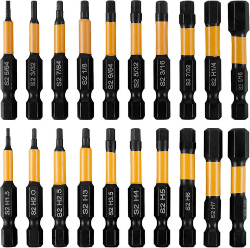 20Pcs Impact Hex Head Allen Wrench Drill Bit Set, SAE and Metric 1/4" Hex-Shank S2 Alloy Steel Kit