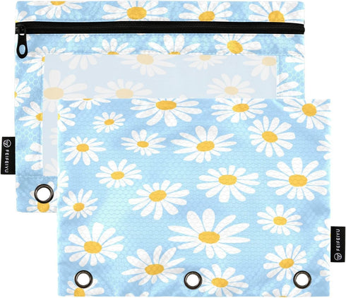 Blue Cute Daisy Binder Pencil Pouch, 3 Ring Zipper Pencil Case with Clear Window, 2 Pack for School, Office