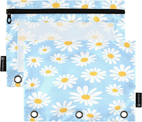 Blue Cute Daisy Binder Pencil Pouch, 3 Ring Zipper Pencil Case with Clear Window, 2 Pack for School, Office