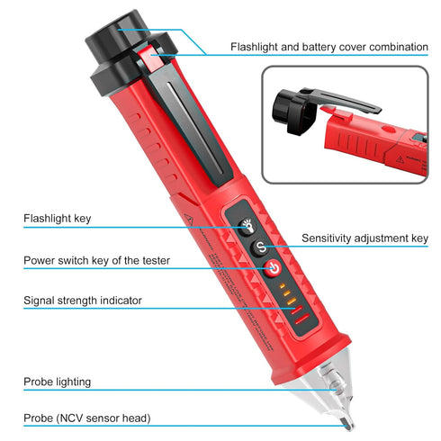 Voltage Tester HS-3201 Red, Non-Contact Electricity Detector Pen 90V-1000V with LED Flashlight