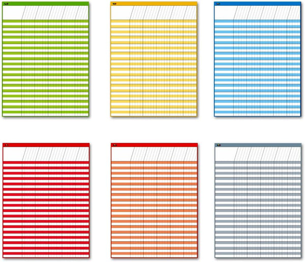 Dry Erase Incentive Chart/Chore/Responsibility/School Attendance, 6 Pack Multi-Color, 36 Rows x 25 Columns