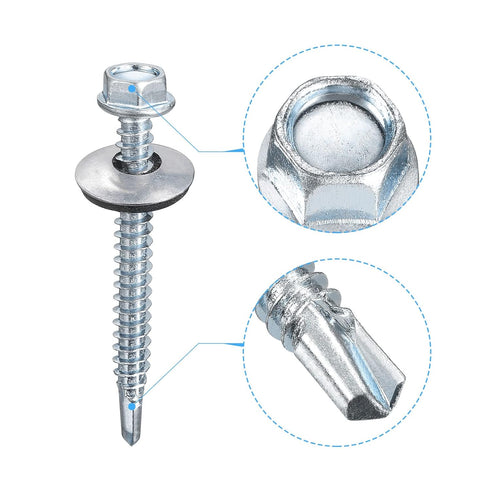 uxcell #12 x 2" Self Drilling Screws with Rubber Washer, 25pcs Zinc Plated Steel Roofing Screws