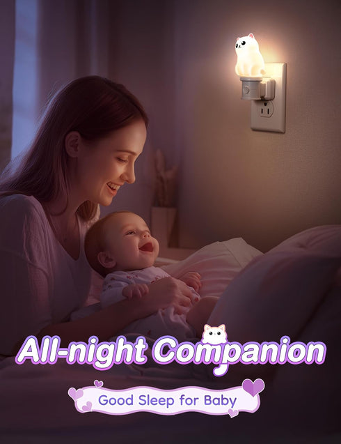 3D 3000K, 1 Pack KINDEEP Kids Night Light Plug in: Cute Cat Nightlight with Dusk to Dawn Sensor, RGB & Soft White