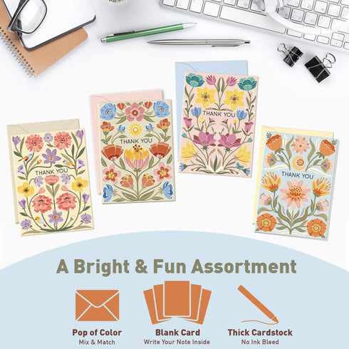 4x5.5" Set 24 S&O Dust & Bloom Thank You Cards with Envelopes - Blank Greeting Card for Handwritten Messages - Thank