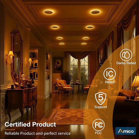 2 Pack 6 Inch 5CCT 2700K/3000K/3500K/4000K/5000K 12W=110W, 1100LM, Dimmable Amico LED Recessed Ceiling Light with Night