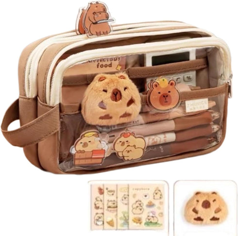 Large Capacity Pencil Pouch, Multi-Layer Transparent Waterproof Zippered Case with Bonus Doll & Stickers, YS2401