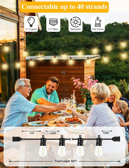 36FT, 13 S14 Bulbs(1 Dimmable Brightever LED Outdoor String Lights Patio Lights Outdoor Waterproof with Shatterproof