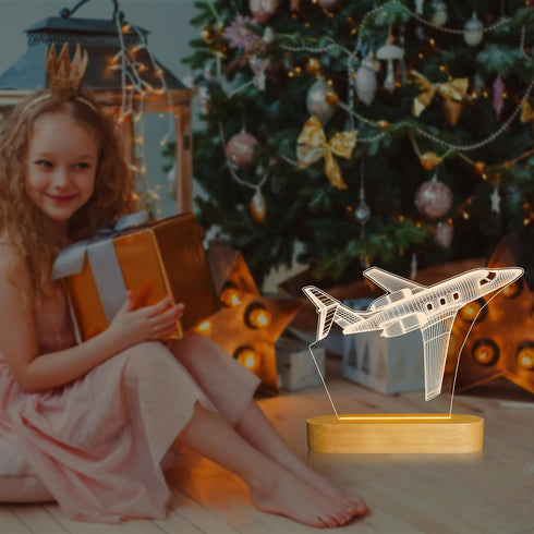 3D Dimmable Illusion Airplane Night Light for Pilot Gift, Unique Aviation Gifts for Men, Wooden LED Lamp with Remote