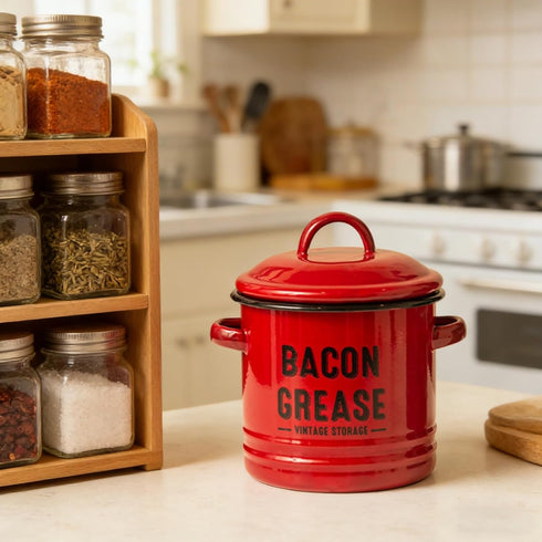 Red Enamel Grease Container with Strainer & Spatula - Perfect for Cooking Oil and Bacon