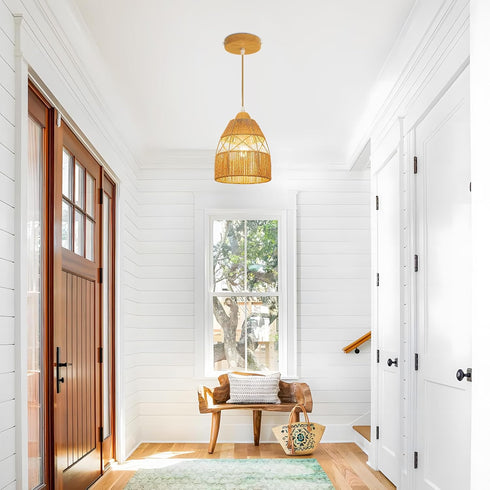 Boho Rattan Pendant Light Kitchen Island,Farmhouse Chandeliers Adjustable Height Hanging lamp for Dining Room,Kitchen