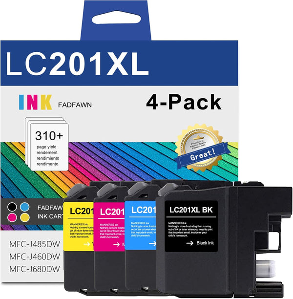 LC201XL Ink Cartridges (4-Pack: 1BK/1C/1M/1Y) Compatible for Brother MFC-J485DW, MFC-J460DW Printers