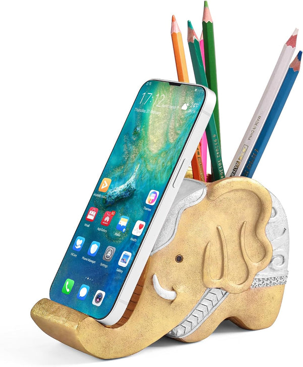 MOKANI Elephant Pencil Holder with Phone Stand, Multifunctional Desk Organizer Gifts for Women, Office Decor