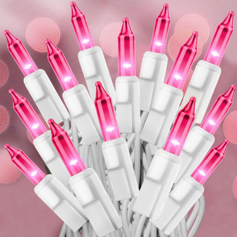 Pink Christmas Lights 25FT 100 Incandescent Bulbs with White Wire for Valentine's Day, Wedding, Party, Indoor & Outdoor
