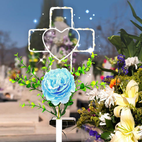16 Inch Solar Cross Garden Stake Lights with 1 Artificial Flower, Metal Garden Art for Patio Lawn Decor