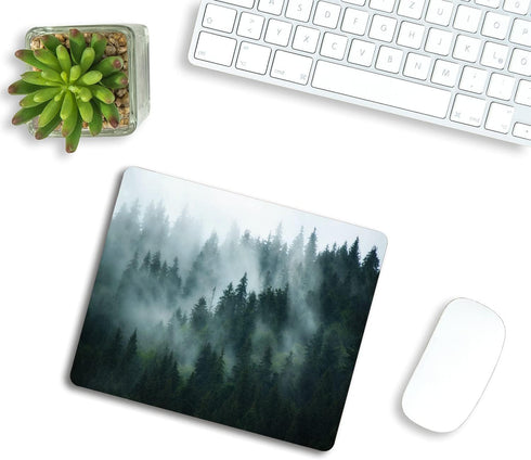 Misty Forest Mouse Pad, Nature Pine Trees Scenic Foggy Mountain Cool Woodsy Landscape, Customized Non-Slip Rubber Base