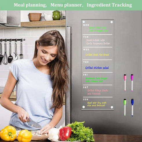 Magnetic Weekly Planner for Fridge - Clear Weekly Menu Board, 6"x17" Magnetic Menu for Refrigerator, Fridge Calendar
