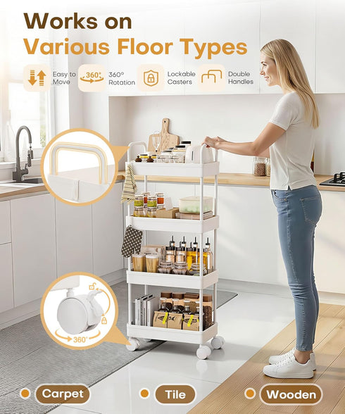 4-Tier 37.4in 8 Homde Slim Rolling Cart for Kitchen: Space-Saving Narrow Floor Organizer - Tall Vertical Storage