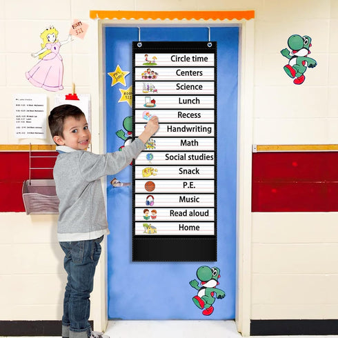 Daily Schedule Pocket Chart, 13+1 Pocket Visual Schedule Chart, 18 Double-Sided Blank Reusable Dry-Eraser Cards