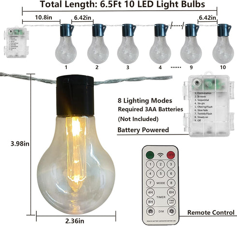6.5Ft 10 Vintage Christmas Lights Battery Powered LED Edison Hanging Lights with Remote Timer, Indoor Fairy Lights