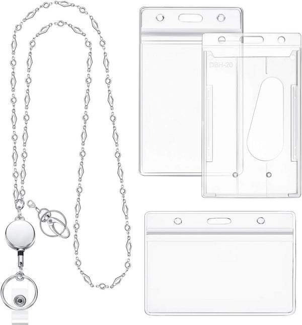 Blulu Retractable Badge Reel Lanyard with 3 ID Holders, Stainless Steel Beaded Chain Necklace