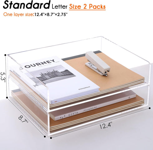 Paper Letter Tray Organizer, Acrylic Stackable Desk Organizer for Office Supplies, 2 Tier Clear Tray for Files and