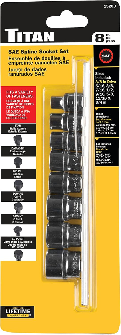 8-Piece 3/8-Inch Drive SAE Spline Socket Set Titan 15203
