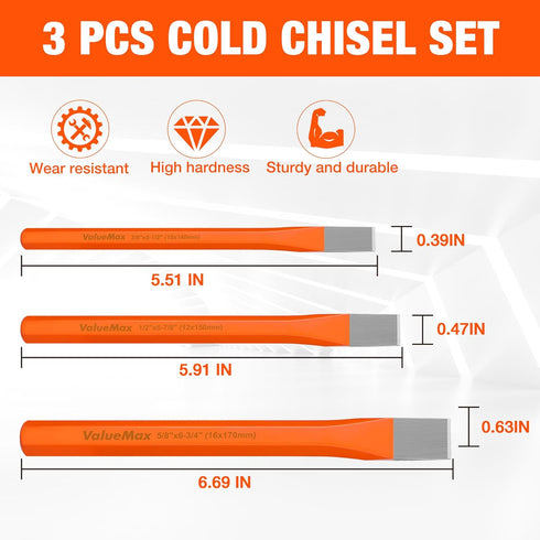 ValueMax 3-Piece Heavy Duty Cold Chisel Set, 3/8-Inch, 1/2-Inch & 5/8-Inch, Premium Cr-V Steel