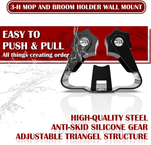 3-H Mop and Broom Holder Wall Mount - 6 Pack Broom Holder for Garage, Garden Shed, Laundry Room Organization, up to