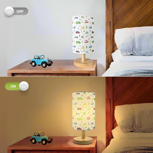 HAKSEIFA 3 Car Kids Table Lamp for Bedroom Boys Bedside Lamps Colors Wooden Nightstand Night Light with Cartoon Linen